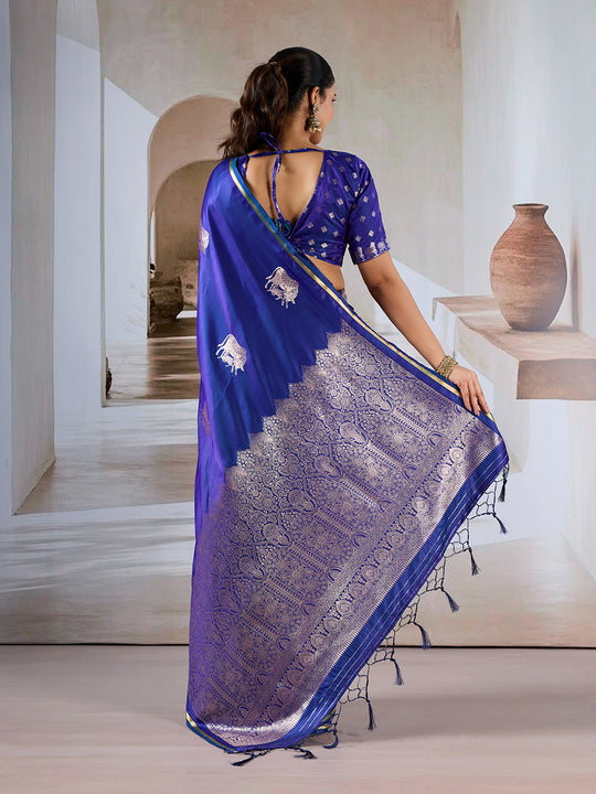 Blue Pure Satin Handloom Weaving Silk Saree With Blouse Piece