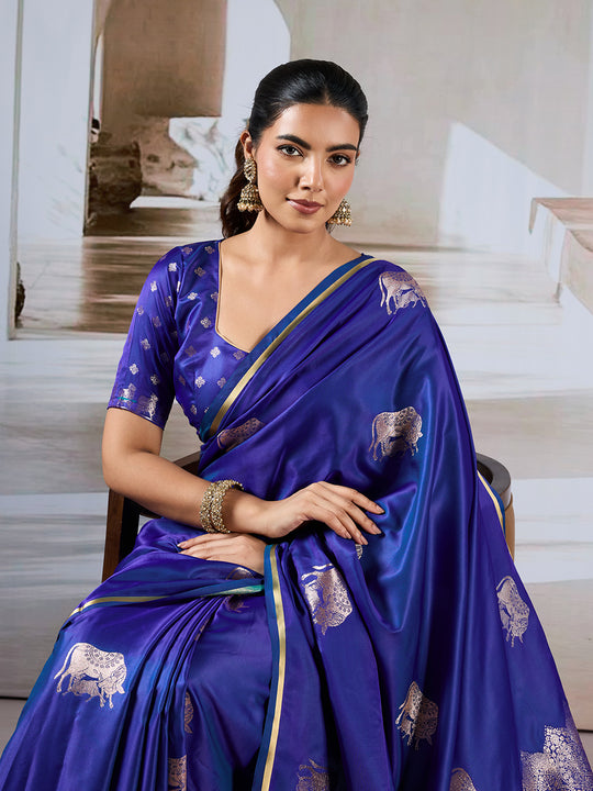 Blue Pure Satin Handloom Weaving Silk Saree With Blouse Piece