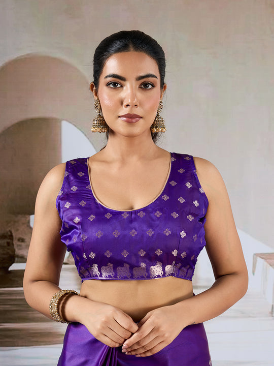 Purple Pure Satin Handloom Weaving Silk Saree With Blouse Piece