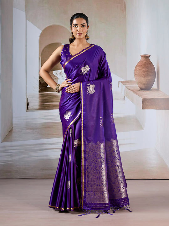 Purple Pure Satin Handloom Weaving Silk Saree With Blouse Piece