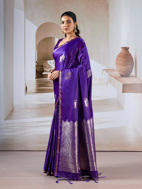 Purple Pure Satin Handloom Weaving Silk Saree With Blouse Piece