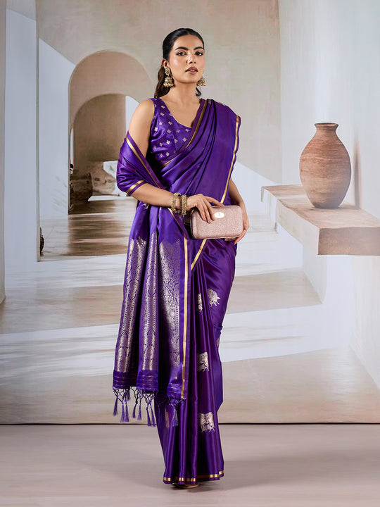 Purple Pure Satin Handloom Weaving Silk Saree With Blouse Piece