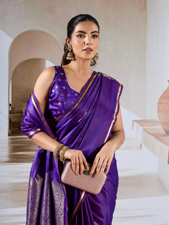 Purple Pure Satin Handloom Weaving Silk Saree With Blouse Piece