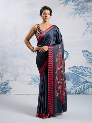 Black Printed Ajarakh Satin Crepe Saree With Blouse Piece