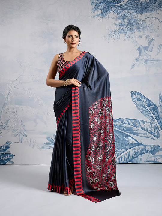 Black Printed Ajarakh Satin Crepe Saree With Blouse Piece