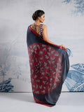Black Printed Ajarakh Satin Crepe Saree With Blouse Piece