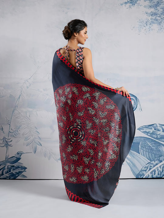 Black Printed Ajarakh Satin Crepe Saree With Blouse Piece