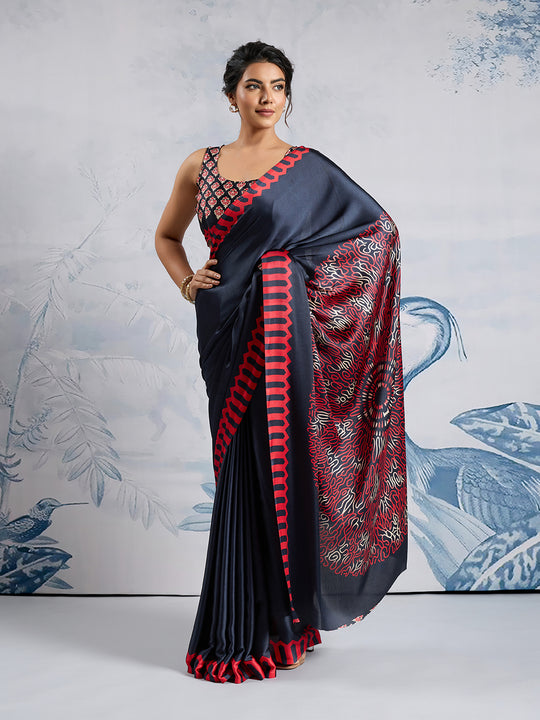 Black Printed Ajarakh Satin Crepe Saree With Blouse Piece