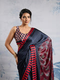 Black Printed Ajarakh Satin Crepe Saree With Blouse Piece