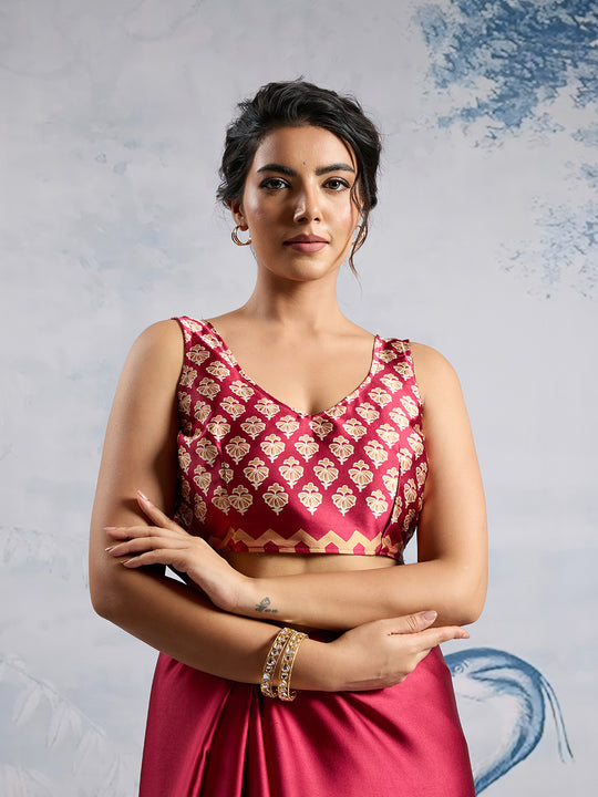 Maroon Printed Ajarakh Satin Crepe Saree With Blouse Piece