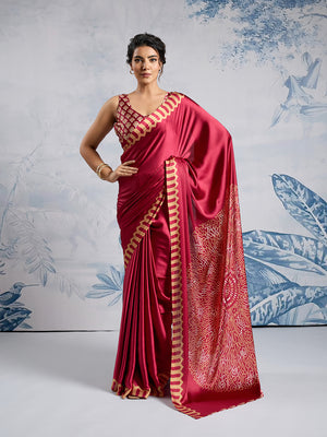 Maroon Printed Ajarakh Satin Crepe Saree With Blouse Piece