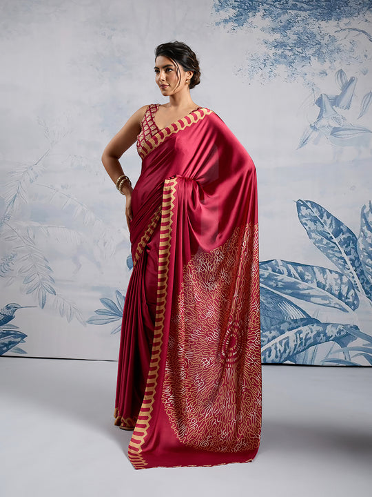 Maroon Printed Ajarakh Satin Crepe Saree With Blouse Piece