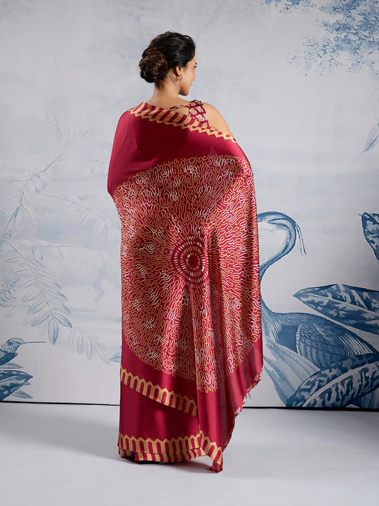 Maroon Printed Ajarakh Satin Crepe Saree With Blouse Piece