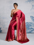 Maroon Printed Ajarakh Satin Crepe Saree With Blouse Piece