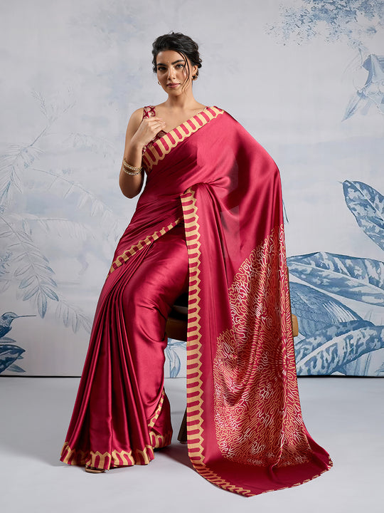 Maroon Printed Ajarakh Satin Crepe Saree With Blouse Piece