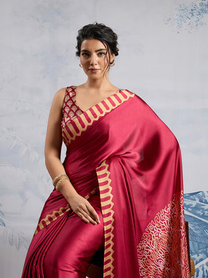 Maroon Printed Ajarakh Satin Crepe Saree With Blouse Piece