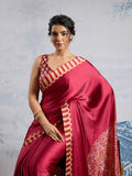 Maroon Printed Ajarakh Satin Crepe Saree With Blouse Piece