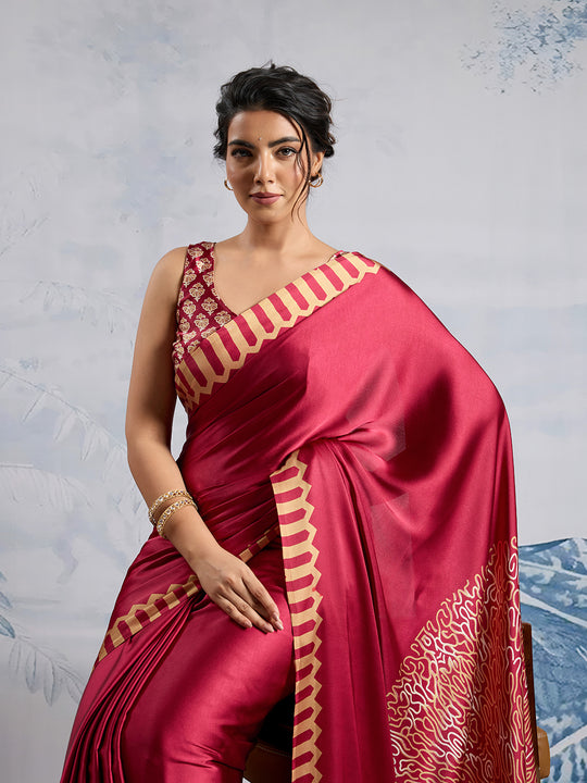 Maroon Printed Ajarakh Satin Crepe Saree With Blouse Piece