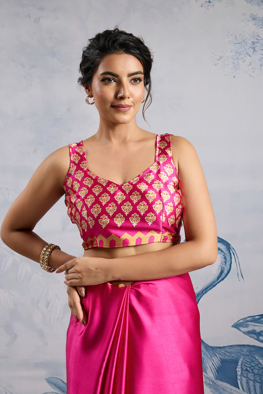 Pink Printed Ajarakh Satin Crepe Saree With Blouse Piece