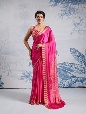 Pink Printed Ajarakh Satin Crepe Saree With Blouse Piece