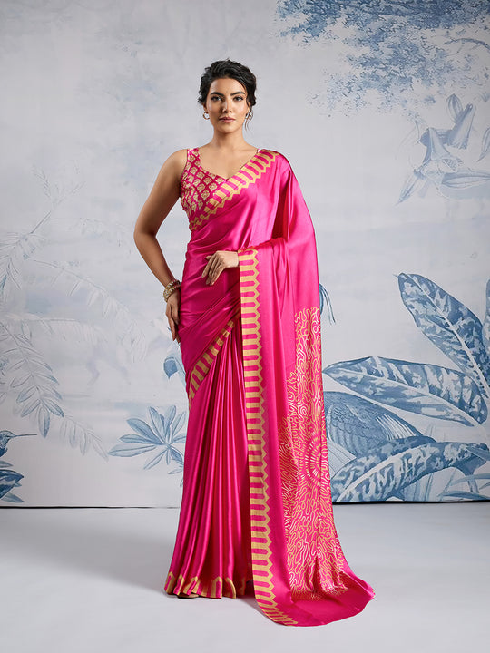 Pink Printed Ajarakh Satin Crepe Saree With Blouse Piece