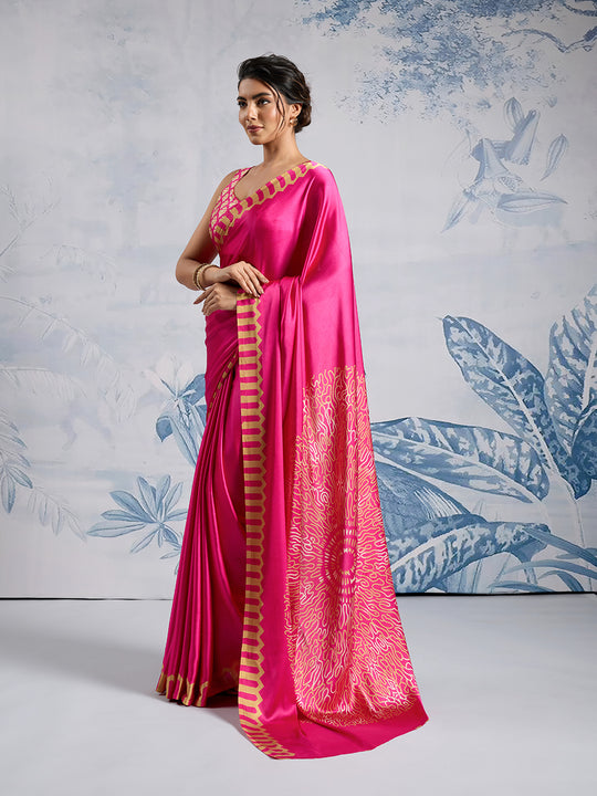 Pink Printed Ajarakh Satin Crepe Saree With Blouse Piece