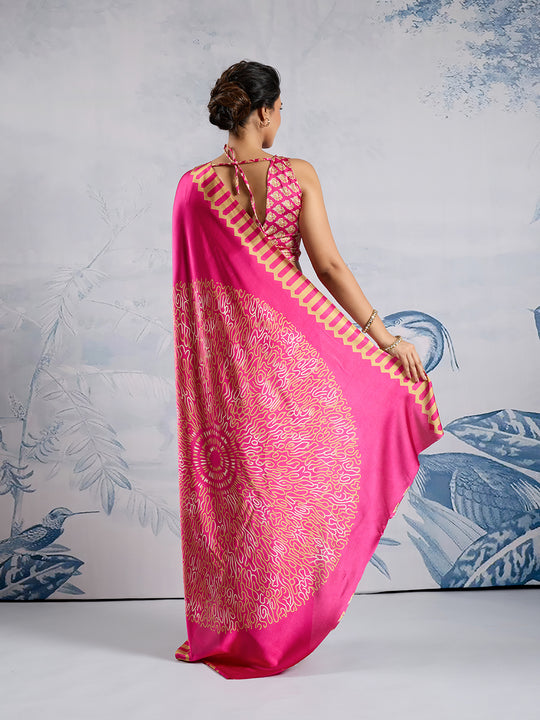 Pink Printed Ajarakh Satin Crepe Saree With Blouse Piece