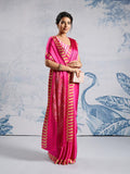 Pink Printed Ajarakh Satin Crepe Saree With Blouse Piece