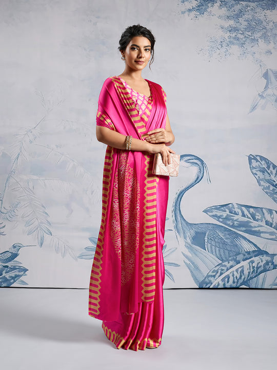 Pink Printed Ajarakh Satin Crepe Saree With Blouse Piece
