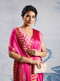 Pink Printed Ajarakh Satin Crepe Saree With Blouse Piece