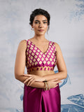 Wine Printed Ajarakh Satin Crepe Saree With Blouse Piece