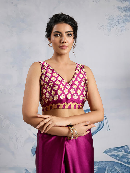 Wine Printed Ajarakh Satin Crepe Saree With Blouse Piece