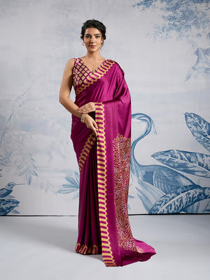 Wine Printed Ajarakh Satin Crepe Saree With Blouse Piece