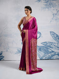 Wine Printed Ajarakh Satin Crepe Saree With Blouse Piece