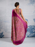 Wine Printed Ajarakh Satin Crepe Saree With Blouse Piece