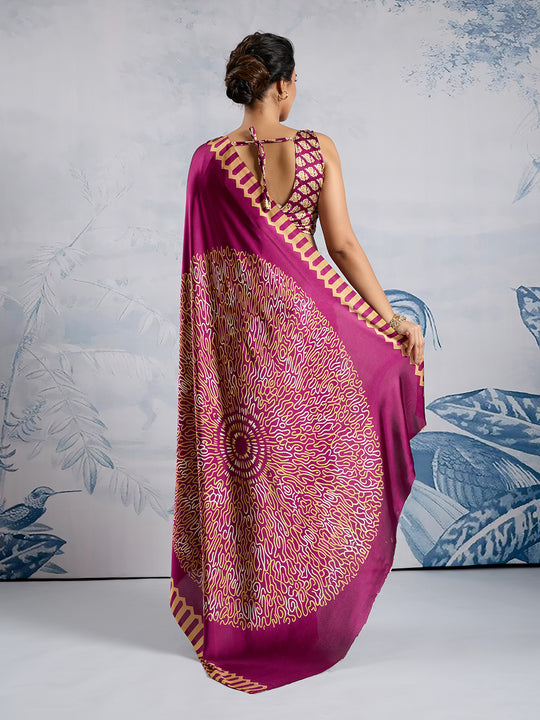 Wine Printed Ajarakh Satin Crepe Saree With Blouse Piece