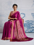 Wine Printed Ajarakh Satin Crepe Saree With Blouse Piece