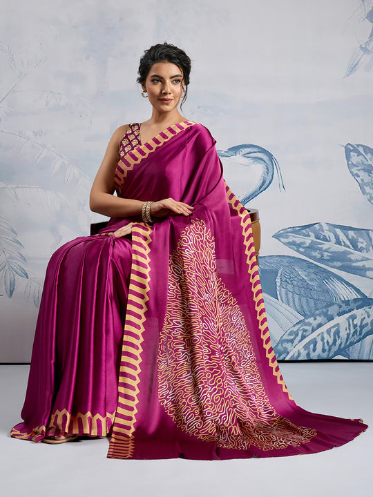 Wine Printed Ajarakh Satin Crepe Saree With Blouse Piece