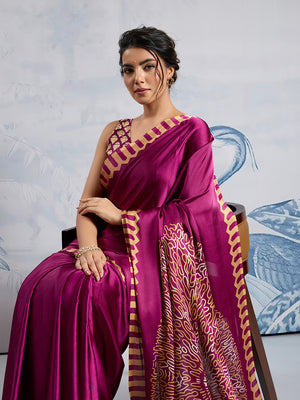 Wine Printed Ajarakh Satin Crepe Saree With Blouse Piece