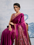 Wine Printed Ajarakh Satin Crepe Saree With Blouse Piece