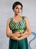Green Printed Ajarakh Satin Crepe Saree With Blouse Piece
