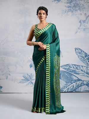 Green Printed Ajarakh Satin Crepe Saree With Blouse Piece