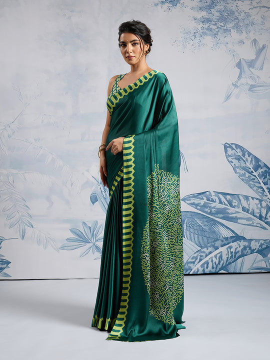 Green Printed Ajarakh Satin Crepe Saree With Blouse Piece