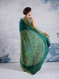 Green Printed Ajarakh Satin Crepe Saree With Blouse Piece