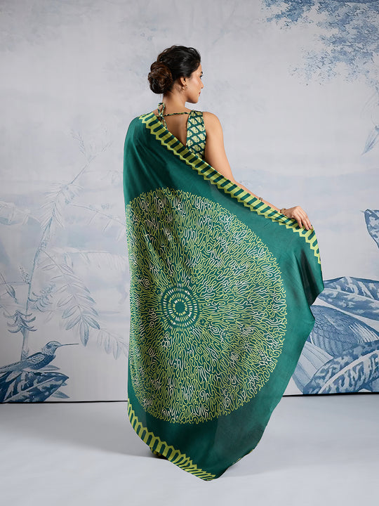 Green Printed Ajarakh Satin Crepe Saree With Blouse Piece