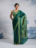 Green Printed Ajarakh Satin Crepe Saree With Blouse Piece
