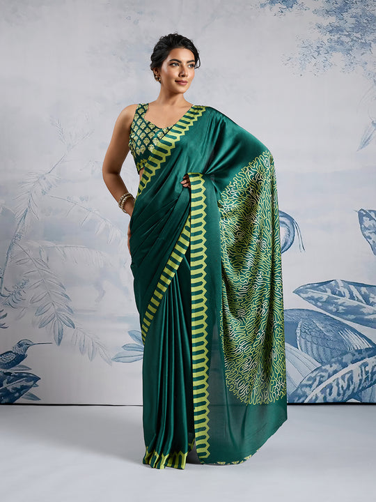 Green Printed Ajarakh Satin Crepe Saree With Blouse Piece