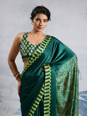 Green Printed Ajarakh Satin Crepe Saree With Blouse Piece