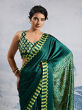 Green Printed Ajarakh Satin Crepe Saree With Blouse Piece