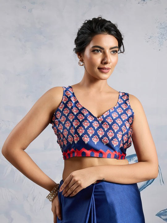 Blue Printed Ajarakh Satin Crepe Saree With Blouse Piece